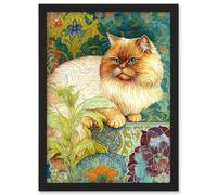 Artery8 Orange Persian Cat William Morris Inspired Floral Pattern Colourful Modern Illustration Artwork Framed Wall Art Print A4