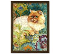 Artery8 Orange Persian Cat William Morris Inspired Floral Pattern Colourful Modern Illustration Artwork Framed Wall Art Print A4
