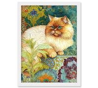 Artery8 Orange Persian Cat William Morris Inspired Floral Pattern Colourful Modern Illustration Artwork Framed Wall Art Print A4