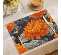 Orange Petals Print Placemats Set of 4 45x30cm Chrysanthemum Cotton Linen Table Mats for Kitchen Dining Modern Room Indoor Outdoor Party Home Decor Grey