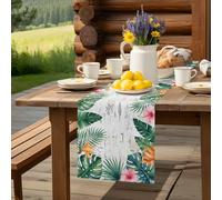 Orange Pink Flower Green Leaf Table Runner 36 Inches Long,Table Runners Kitchen Dining Tables Decoration for Home Party Decor, Tropical Botanical Shabby Back Tables Runner Wedding Dresser Scarf