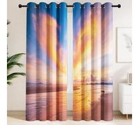 Orange & Pink Sunset, Beach, Heart Cloud, Nature Blackout Curtains - Wedding Room Window Drapes, Romantic, Aesthetic, HD Photography Thermal Insulated Window Curtains