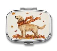 Orange Plaid Scarf Golden Retriever Autumn Leaves Pill Box 2 Compartment Portable Medicine Pill Case Travel Pill Organizer for Pocket Purse