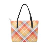 Orange Plaid Vegan Leather Handbag for Women Class Checkered Tote Bag with Top Handle, Large Shoulder Purse for Everyday Work Travel