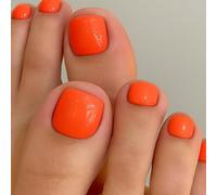 Orange Press On Toe Nails Short Square Vibrant Long-Lasting Shine - French Tip False Nails For Women Summer Beach Daily Wear Handmade Kit 24 Pcs With Polish Stickers Manicure Set