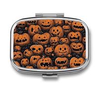 Orange Pumpkin Face Pill Organizer Metal Pill Box - 2 Compartments, Sleek & Portable Medicine Case for Travel, Daily Use