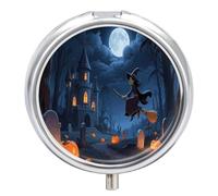 Orange Pumpkin Witch Castle Pill Case with Retro Mirror 3 Compartments Pill Organizer Small Round Metal Pill Organizer for Fish Oil Pills or Vitamins