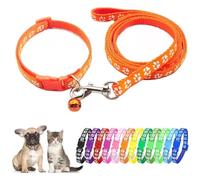 Orange Puppy Collar And Lead Sets, Kitten Collar With Bell Lead Set Pawprint Dog Collars For Small Dogs Adjustable Cat Collar For Tiny Little XXS XS Extra Small Breed Pets Girls Boys