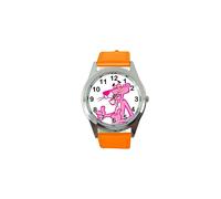 Orange Real Leather Quartz Round Watch for The Pink Panther Fans