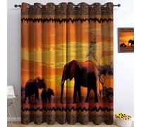 Orange Red Blackout Curtains, Eyelet Window Curtains 3D Printing Photography Sunset African Elephant 46” W x 54” L 2 Panels Insulated Pencil Pleat Thermal Curtain for Living Room Bedroom Nursery Room