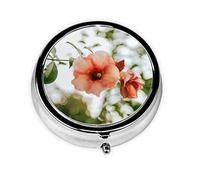 Orange red Flower Print Round Pill Organizer 3 Compartment Pill Box Portable Medicine Pill Case for Outdoor Travel