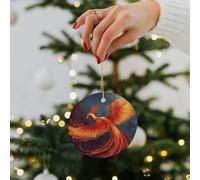 Orange Red Phoenix Ceramic Christmas Ornaments - 2.8 Inch Round Double-Sided Xmas Tree Decorations with Gold Ribbon for Home Holiday Decor, Gift for Family & Friends