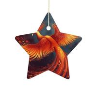 Orange Red Phoenix Ceramic Christmas Star Ornaments - 2.7 Inch Rustic Star Xmas Tree Decor with Hanging String, Personalized Vintage Double-Sided Holiday Party Decorations for Xmas Gifts