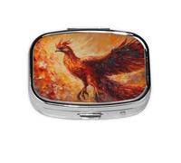 Orange Red Phoenix Mini Pill Box Metal Travel Medicine Organizer with 2 Compartments Pocket-Sized Pill Container