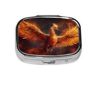 Orange Red Phoenix Mini Pill Box Metal Travel Medicine Organizer with 2 Compartments Pocket-Sized Pill Container