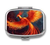 Orange Red Phoenix Pill Box 2 Compartment Portable Travel Pill Case with Mirror Square Metal Medicines Storage Container Pocket Medicine Box to Hold Vitamins Fish Oil