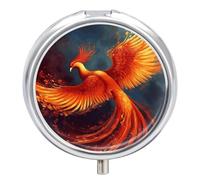 Orange Red Phoenix Pill Box 3 Compartment Travel Pill Organizer 3 Times A Day Cute Mini Pill Case for Purse & Pocket Portable Metal Medicine Box with Mirror Round Daily Medicine Vitamin Container