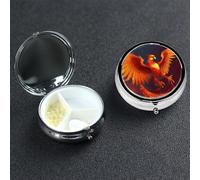 Orange Red Phoenix Pill Box with Mirror 3 Compartment Decorative Pill Case for Purse or Pocket Small Round Pill Organizer Weekly Metal Medicine Tablet Vitamin Holder Travel Gift