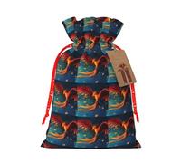 Orange Red Phoenix Printing Fashion Drawstring Bag With Kraft Tag For Christmas Halloween Party Gift Packaging