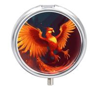 Orange Red Phoenix Round Pill Box 3 Compartment Medicine Pill Organizer with Mirror Travel Small Pill Case Cute Vitamin Organizer Portable Daily Pill Container for Pocket Purse