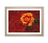 Orange Rose In Bloom Painting Modern Art Framed Print | A3 Oak Framed Wall Art | Ready to Hang | Modern Floral Picture | Living Room Bedroom Lounge Office