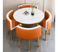 Orange Round Dining Table Set with 4 Leather Chairs - Perfect for Office Reception Conference Rooms Cafes Balconies or Living Rooms - Stylish Negotiation Desk Furniture.