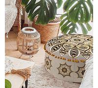 Orange Round Velvet Pouf Cover - Soft Embroidered Ottoman Slipcover with Moroccan Design, 24 Inch Diameter, Ideal for Living Room, Bedroom, or Meditation Space - Decorative Floow Pillow Cushion