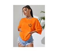 (Orange, S) Happy Expression Printed Womens Cotton Short Sleeve Street Hip Hop Tee Clothing All-math Breathable Tops Crewneck Woman T-Shirts