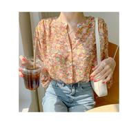 (Orange, S) Women Elegant Print Chiffon Blouse Spring Summer Casual Long Sleeve V Neck Loose Shirt Office Lady Button Sweet Tops