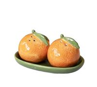 Orange Salt and Pepper Shakers with Green Tray 13x6x7cm Ceramic Kitchen Fruit Cruet Set