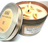 Orange Scented Soy Wax Candle - Handmade BFC - 52 Hours Burn Time 14 Oz 300 Grams Soy Wax Candle Silver Brush Finish Tin. Orange Scented with Dried Orange Slices to Further Enhance The Orange Scent.