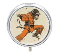 Orange Shirt Monkey Pill Box 3 Compartment Travel Pill Organizer 3 Times A Day Cute Mini Pill Case for Purse & Pocket Portable Metal Medicine Box with Mirror Round Daily Medicine Vitamin Container