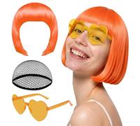 Orange Short Bob Wig and Heart Sunglasses Set, Ginger Bangs Short Bob Wigs Neon Sunglass with Fringe for Women Costume Cosplay Wig Hairpieces for Daily Use Cosplay Parties and Outfit Decorations