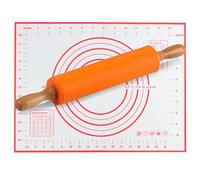 Orange Silicone Baking Mat & 12 Inch Non-Stick Silicone Rolling Pin with Wooden Handle - Pastry & Pizza Dough Roller