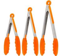 Orange Silicone Cooking Tongs - Set of 3 Kitchen Locking Tongs- 18x23x30.5 CM - for BBQ Grill, Oven Baking, Salad Steak Vegetable Pasta, Fish Serving| BONUS Ebook| Stainless Steel W/Silicone Tips