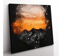 Orange Sky Above Mountains in Italy Paint Splash Modern Canvas Wall Art Print Ready to Hang, Framed Picture for Living Room Bedroom Home Office Décor, 35x35 cm (14x14 Inch)
