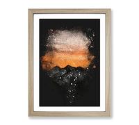 Orange Sky Above Mountains In Italy Paint Splash Modern Framed Print | A4 Oak Framed Wall Art | Ready to Hang | Modern Landscape Picture | Living Room Bedroom Lounge Office