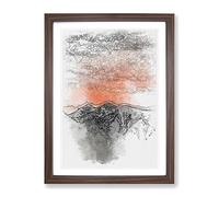 Orange Sky Above Mountains In Italy Sketch Modern Framed Print | A3 Walnut Framed Wall Art | Ready to Hang | Modern Landscape Picture | Living Room Bedroom Lounge Office