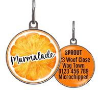 Orange Slice Dog Tag, Add Name to Front & Info to Back - Marmalade Fruit-Themed Pet ID Tag for Dogs & Cats - Waterproof, Lightweight Metal - 2 Sizes