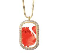 Orange Sling Fat Cat Animal Watercolor Necklace Pendant Diamond Crystal Golden Jewelry