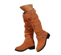 Orange Slouchy Pull on Knee High Boots for Women Low Heel,Faux Suede Knee Length Slouch Boots with 2 Buckle Footwear Gift UK 5