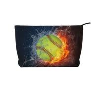 Orange Softball Baseball On Fire and Water Corduroy Makeup Bag Travel Organizer Bag Cosmetic Bag Large Wide-Open Pouch