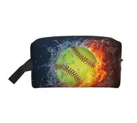 Orange Softball Baseball on Fire and Water Water-Resistant Travel Toiletry Organizer Bag, Large Capacity Portable Cosmetic Storage for Gym/Daily Essentials