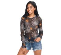 Orange Spiders White Webs Black Mesh Long Sleeve Shirt, Sheer See Through Tops for Women S-XXL, Orange Spiders White Webs Black, S