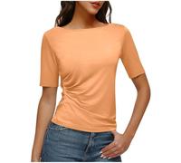 Orange Summer Short Sleeve Blouses Boatneck Tops Y2K Slim Fit T Shirt Ruched Tshirt Basic Tshirts Gym Shirts Casual Blouses for Office Work Sports Streetwear