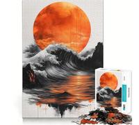 Orange Sun Over Black And White Waves Jigsaw Puzzles for Adults 1000 Pieces Brain Workout Toy Relaxing Fun Art Assembly (38x52cm)