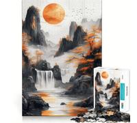 Orange Sun Over Mountain Waterfall Landscape Jigsaw Puzzle 1000 Piece for Adults Logic Boost Toy Together Fun Premium Edge Stylish Gift (38x26cm)
