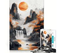 Orange Sun Over Mountain Waterfall Landscape Jigsaw Puzzles 1000 Pieces for Teenagers Brain Skill Family Joy Exact Edge Memorable Gift (50x75cm)