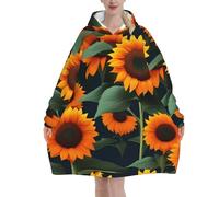 Orange Sunflower Print Cozy Blanket Hoodie Oversized Wearable For Winter Christmas New Year Celebrations