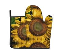 Orange Sunflower Wallpaper Print Oven Mitts and Pot Holders Sets Waterproof Kitchen Mitts with Storage Rope for Microwave, Stove, and Outdoor BBQ
